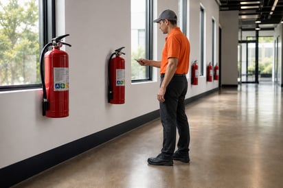 Fire Extinguishers on Wall with Man Inspecting