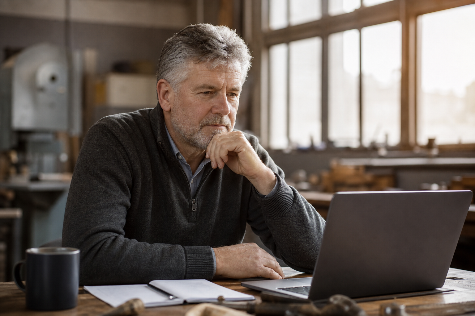 Business Owner Deciding Retirement at Office Desk